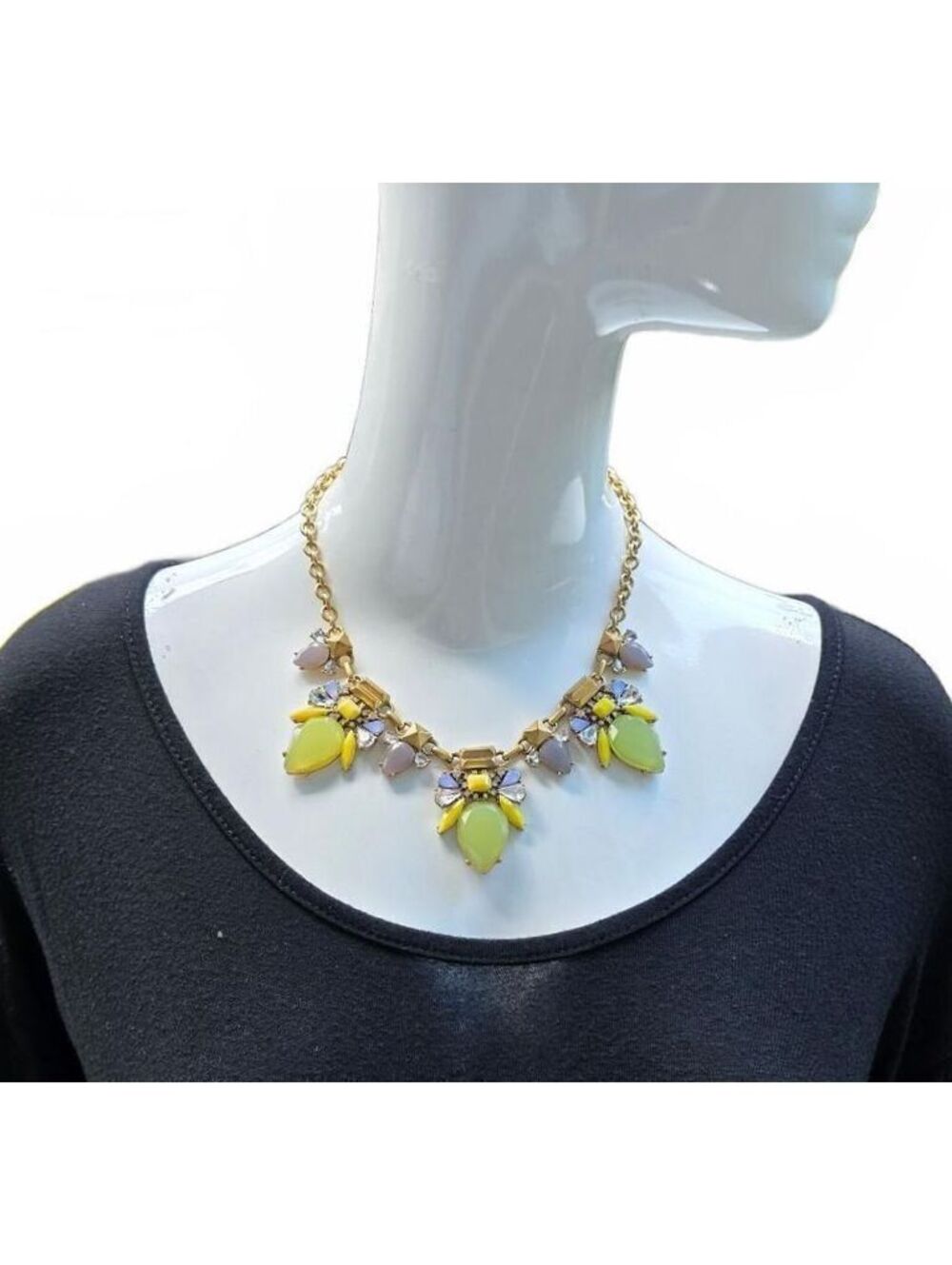 J. Crew Gold Tone Bib Necklace - Jadeite & Brulee Rhinestone Floral Design